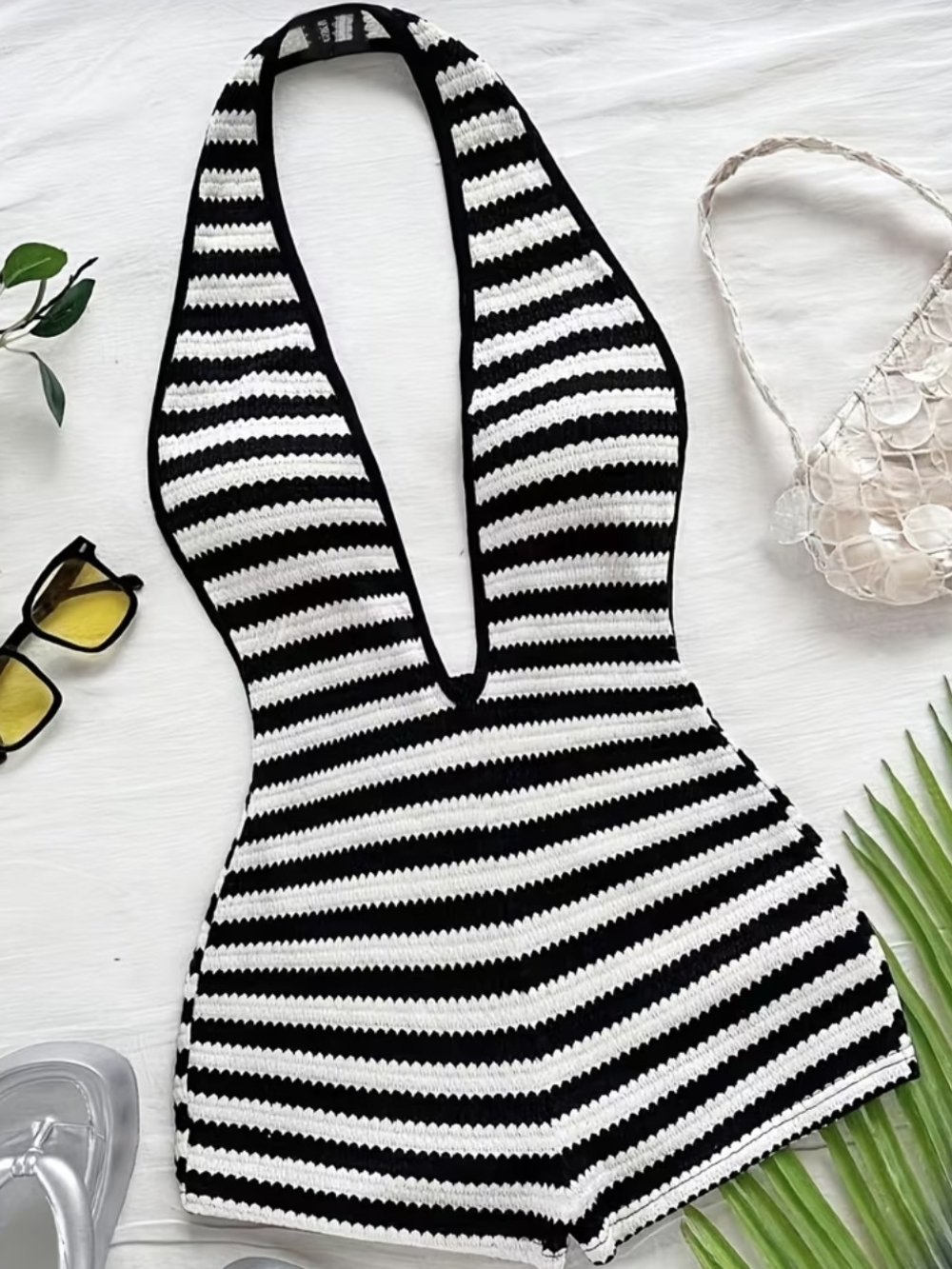Black & White Striped Halter Bodysuit Romper